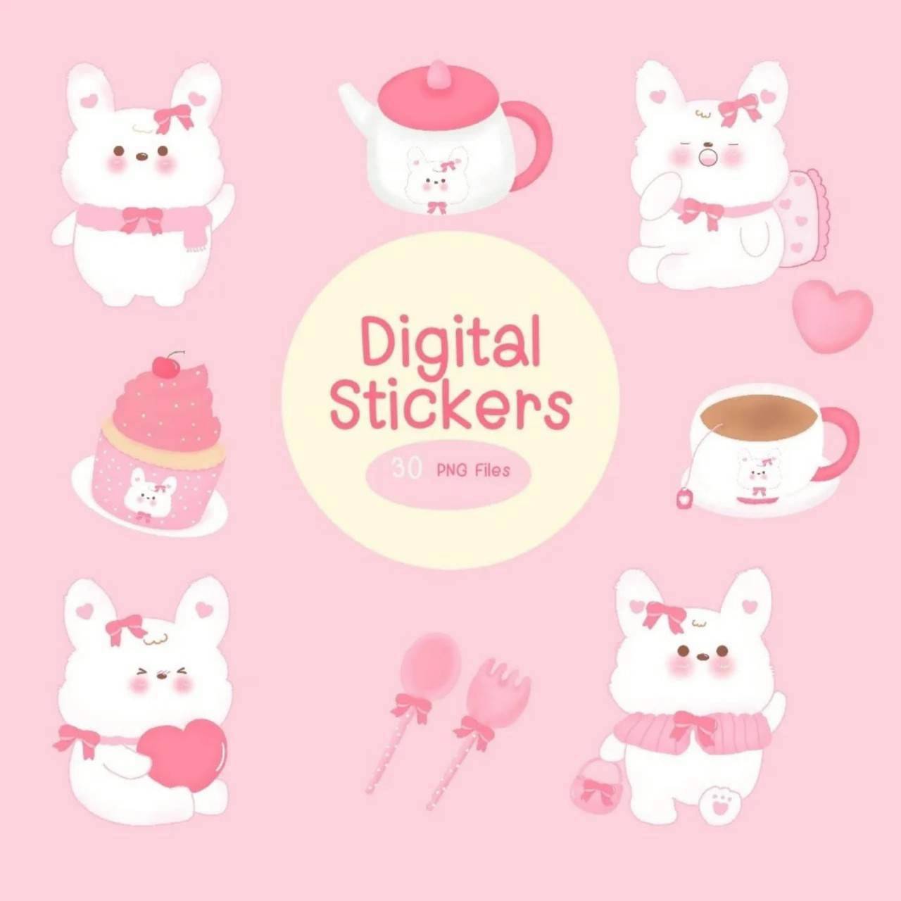 Digital Stickers ชุดกระต่ายพาสเทลคาเฟ่ – 30 ไฟล์ PNG