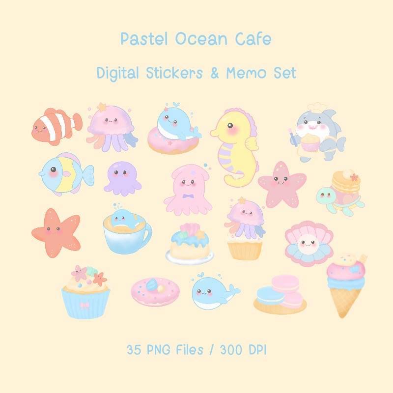 Pastel Ocean Cafe Digital Stickers & Memo Set